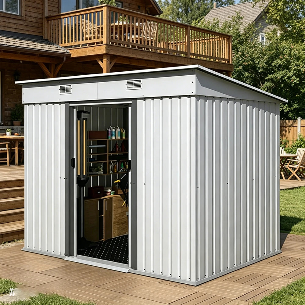 SOLARA Garden Storage Shed Sloped Roof Rust Resistant Ventilated Multi Purpose Outdoor Organizer - White
