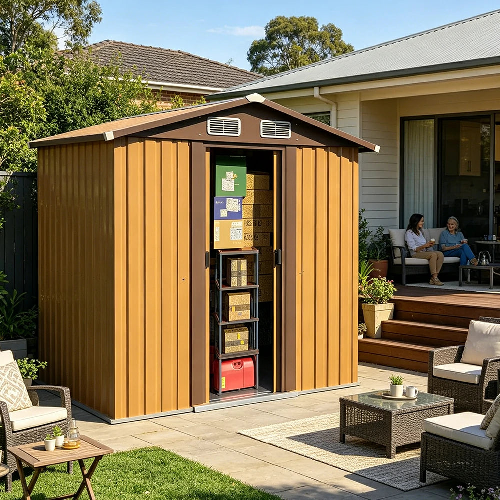 SOLARA Outdoor Storage Shed Apex Roof Weatherproof Steel Large Capacity for Garden Patio Backyard - Brown