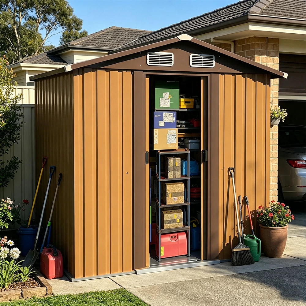 SOLARA Outdoor Storage Shed Apex Roof Weatherproof Steel Large Capacity for Garden Patio Backyard - Brown