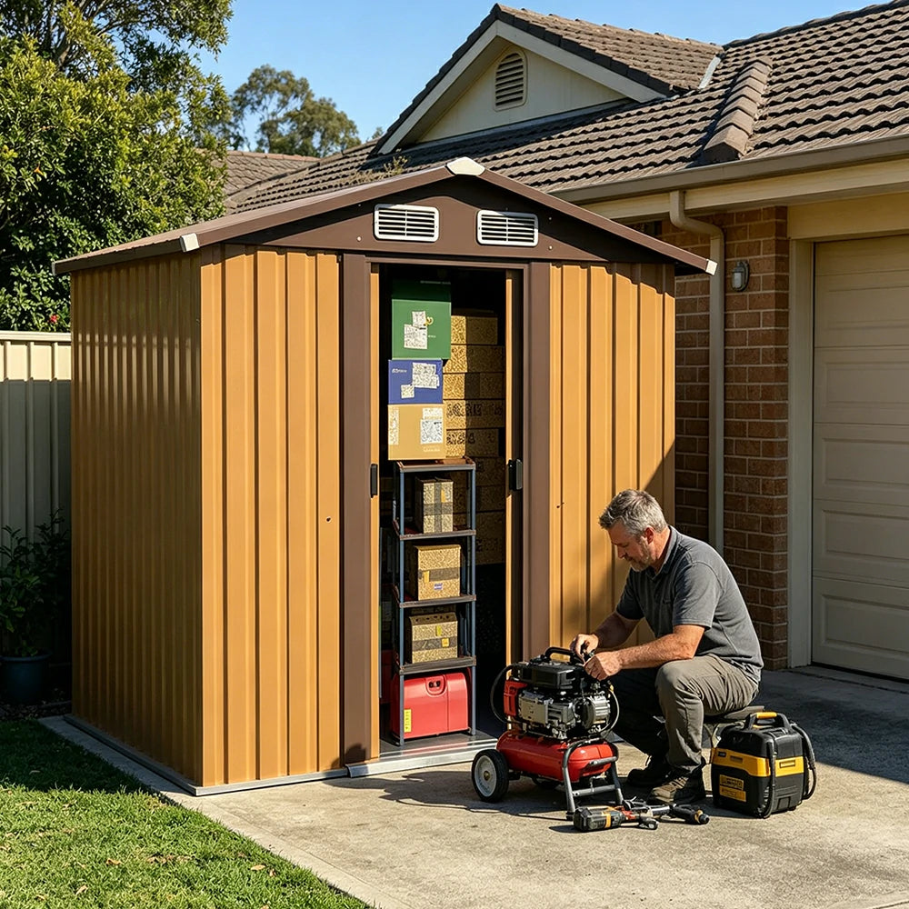SOLARA Outdoor Storage Shed Apex Roof Weatherproof Steel Large Capacity for Garden Patio Backyard - Brown