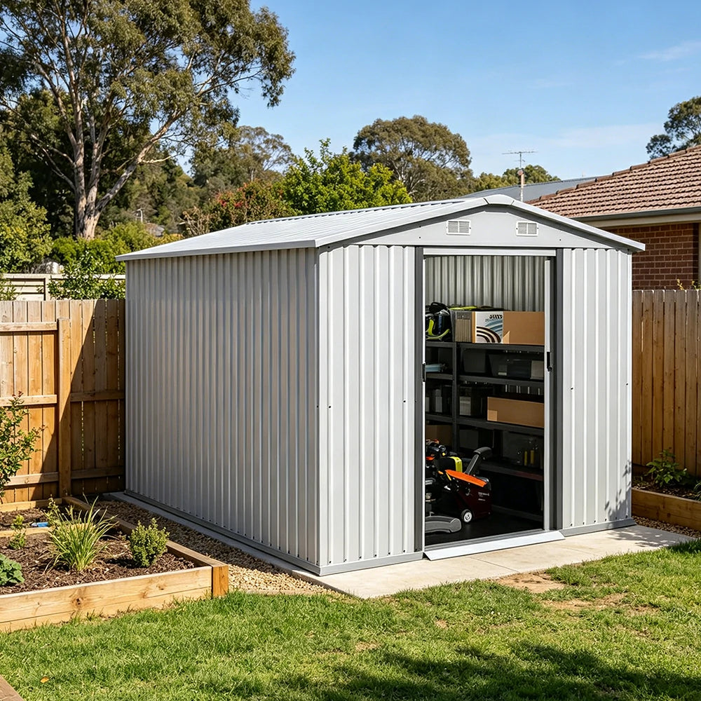 SOLARA Yard Storage Shed Apex Roof High Strength Steel Sliding Door Secure for Tools Bicycles - White