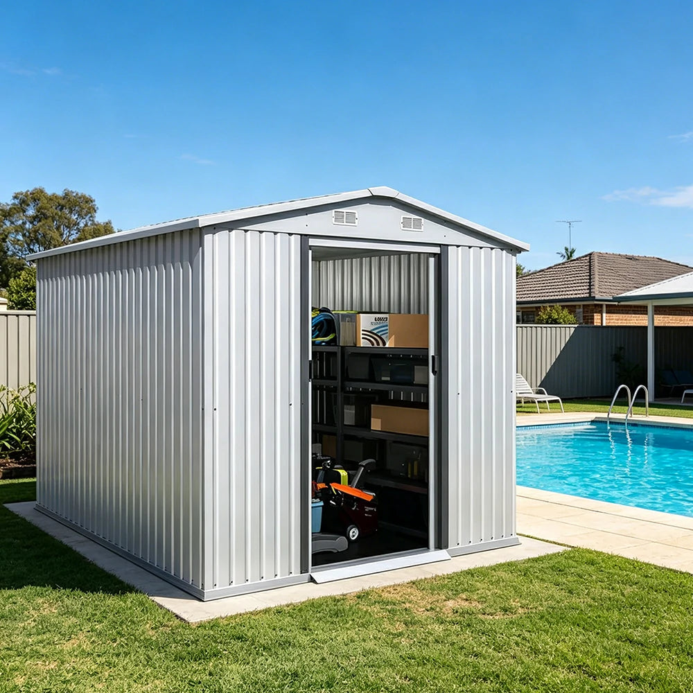 SOLARA Yard Storage Shed Apex Roof High Strength Steel Sliding Door Secure for Tools Bicycles - White