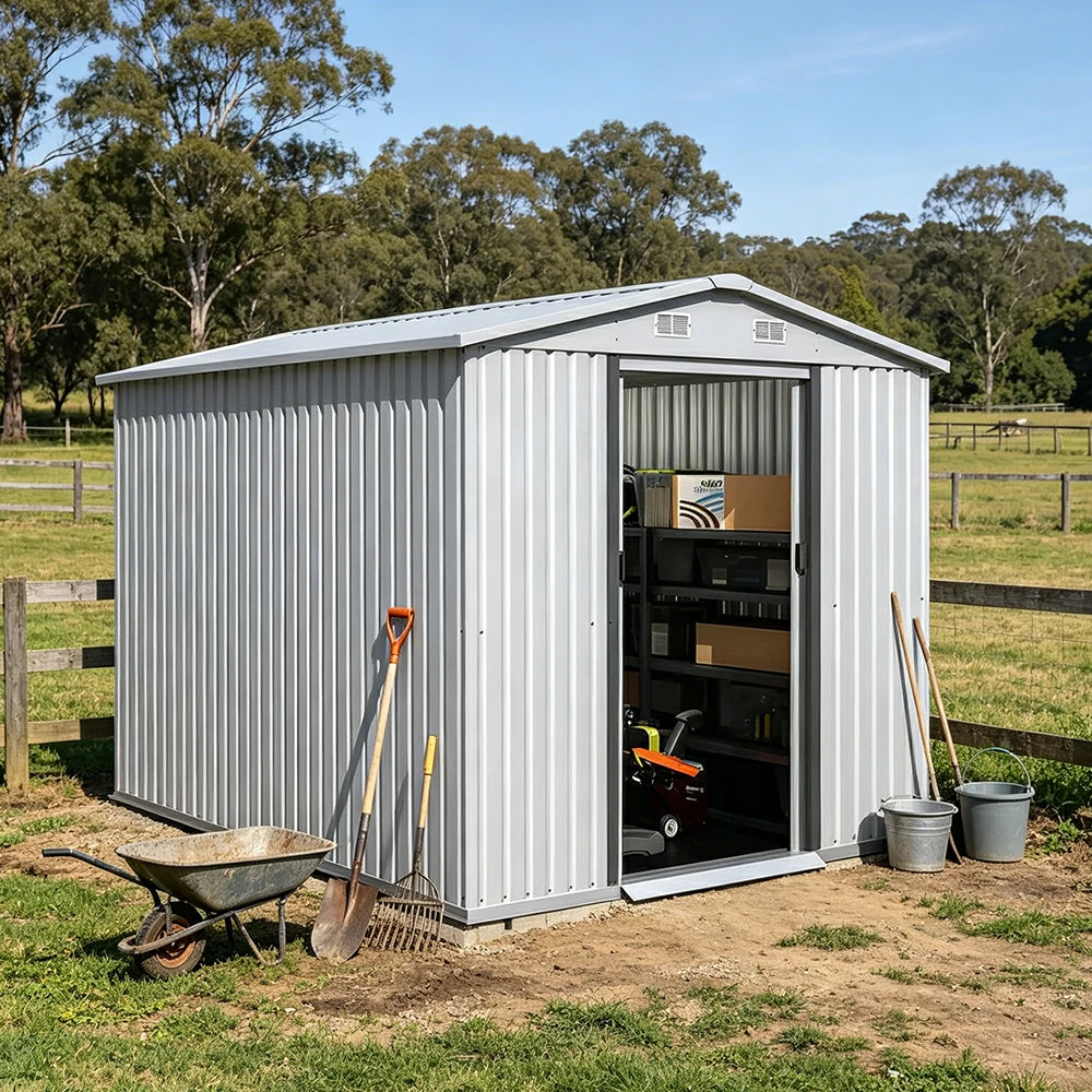 SOLARA Yard Storage Shed Apex Roof High Strength Steel Sliding Door Secure for Tools Bicycles - White