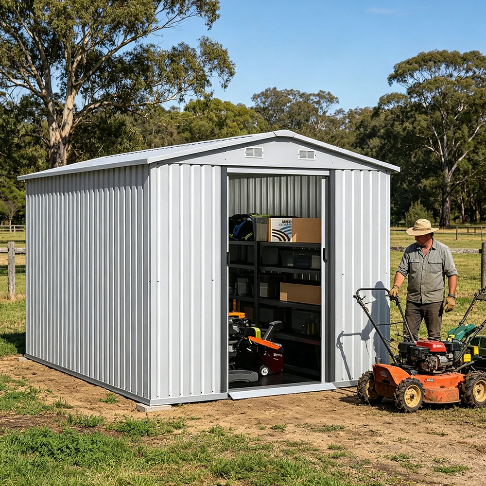SOLARA Yard Storage Shed Apex Roof High Strength Steel Sliding Door Secure for Tools Bicycles - White