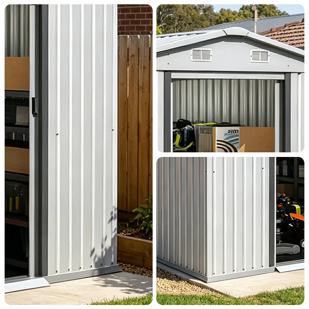 SOLARA Yard Storage Shed Apex Roof High Strength Steel Sliding Door Secure for Tools Bicycles - White