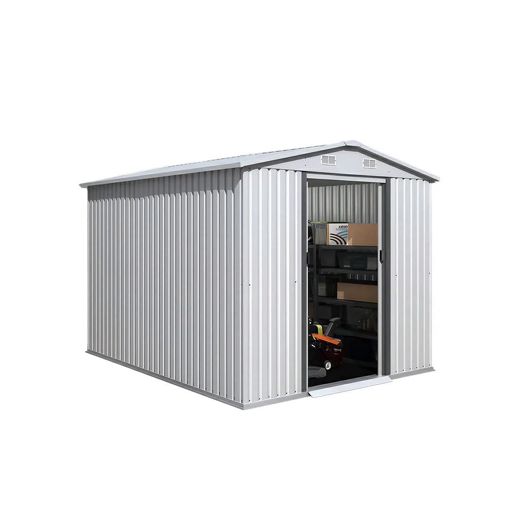 SOLARA Yard Storage Shed Apex Roof High Strength Steel Sliding Door Secure for Tools Bicycles - White