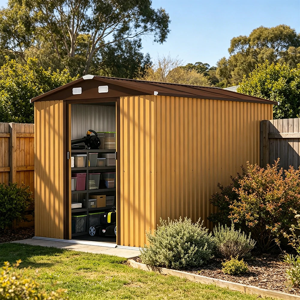 SOLARA Yard Storage Shed Apex Roof High Strength Steel Sliding Door Secure for Tools Bicycles - Yellow