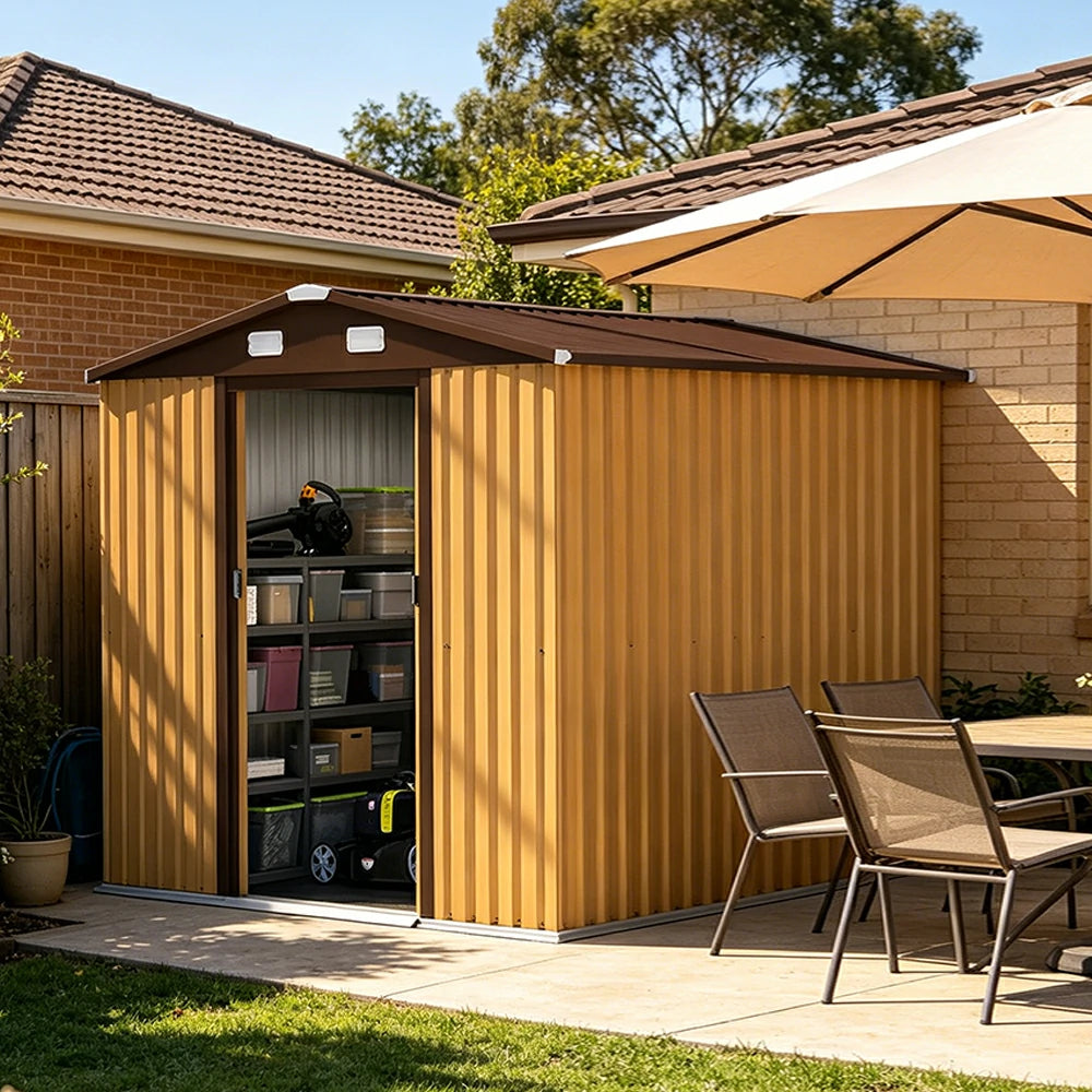 SOLARA Yard Storage Shed Apex Roof High Strength Steel Sliding Door Secure for Tools Bicycles - Yellow