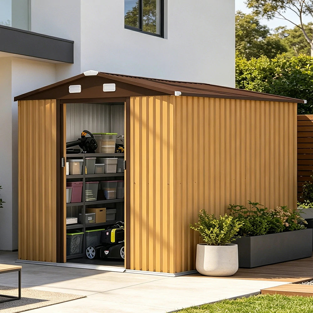 SOLARA Yard Storage Shed Apex Roof High Strength Steel Sliding Door Secure for Tools Bicycles - Yellow