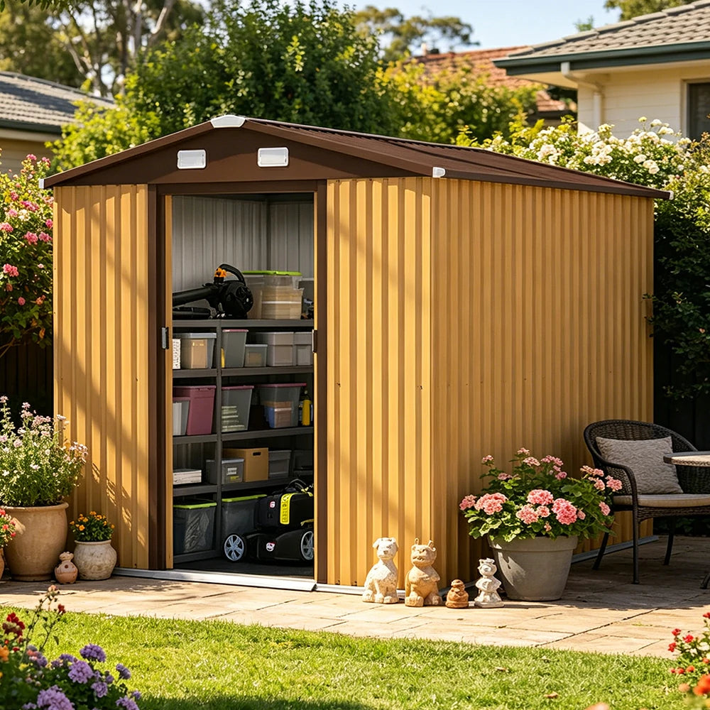 SOLARA Yard Storage Shed Apex Roof High Strength Steel Sliding Door Secure for Tools Bicycles - Yellow