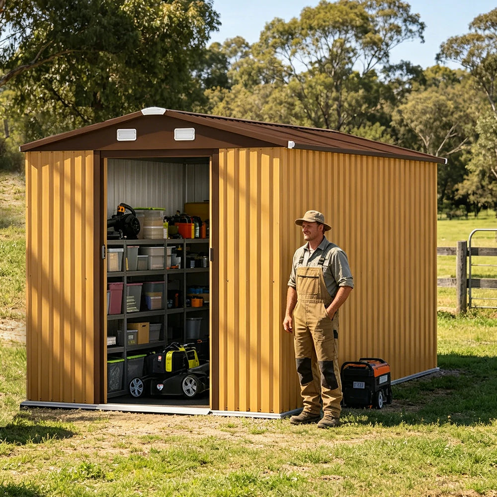 SOLARA Yard Storage Shed Apex Roof High Strength Steel Sliding Door Secure for Tools Bicycles - Yellow