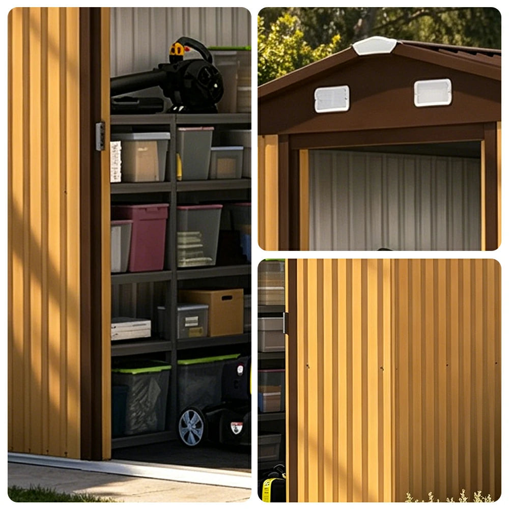 SOLARA Yard Storage Shed Apex Roof High Strength Steel Sliding Door Secure for Tools Bicycles - Yellow