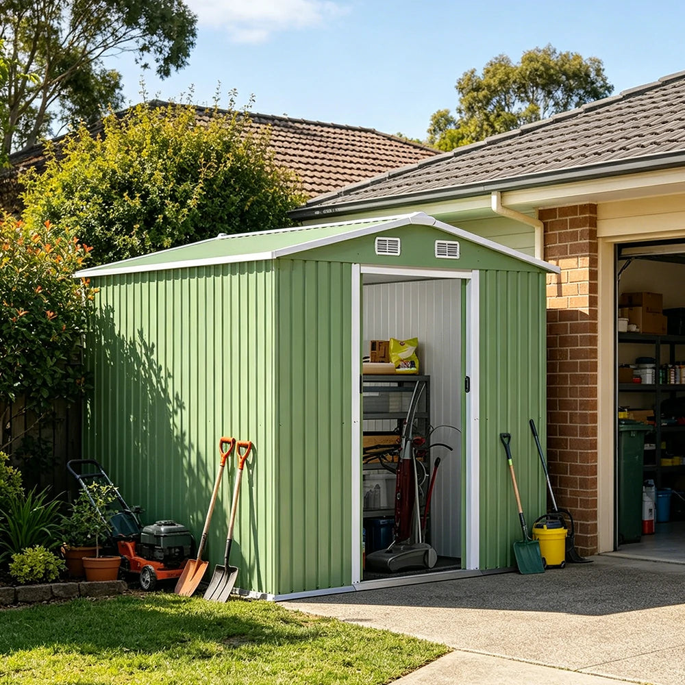SOLARA Yard Storage Shed Apex Roof High Strength Steel Sliding Door Secure for Tools Bicycles - Green