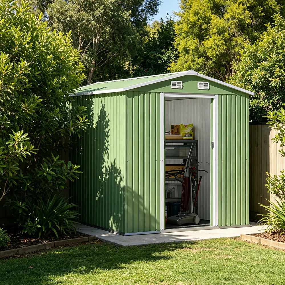 SOLARA Yard Storage Shed Apex Roof High Strength Steel Sliding Door Secure for Tools Bicycles - Green