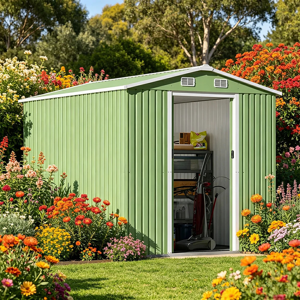 SOLARA Yard Storage Shed Apex Roof High Strength Steel Sliding Door Secure for Tools Bicycles - Green