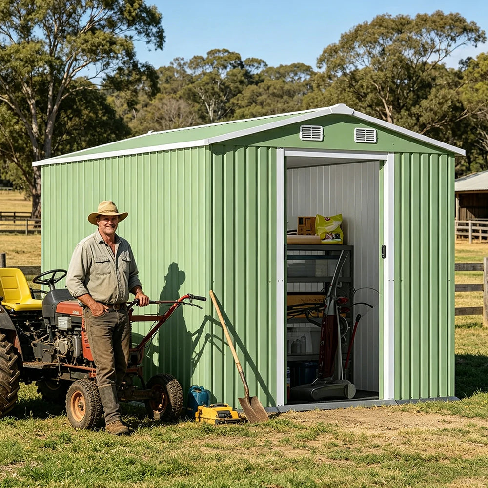 SOLARA Yard Storage Shed Apex Roof High Strength Steel Sliding Door Secure for Tools Bicycles - Green