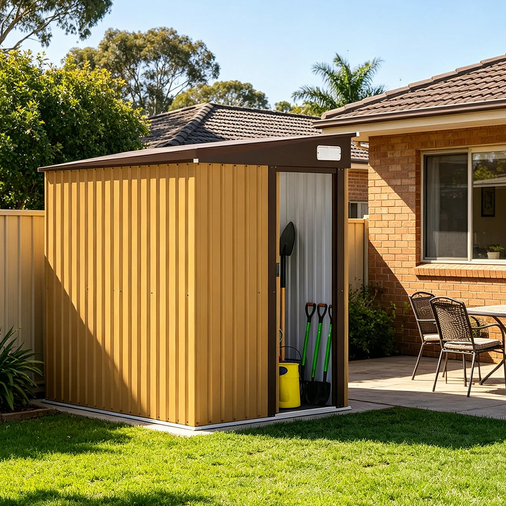 SOLARA Outdoor Storage Shed Sloped Roof Side Door Weatherproof Steel Large Capacity for Garden Patio Backyard - Yellow