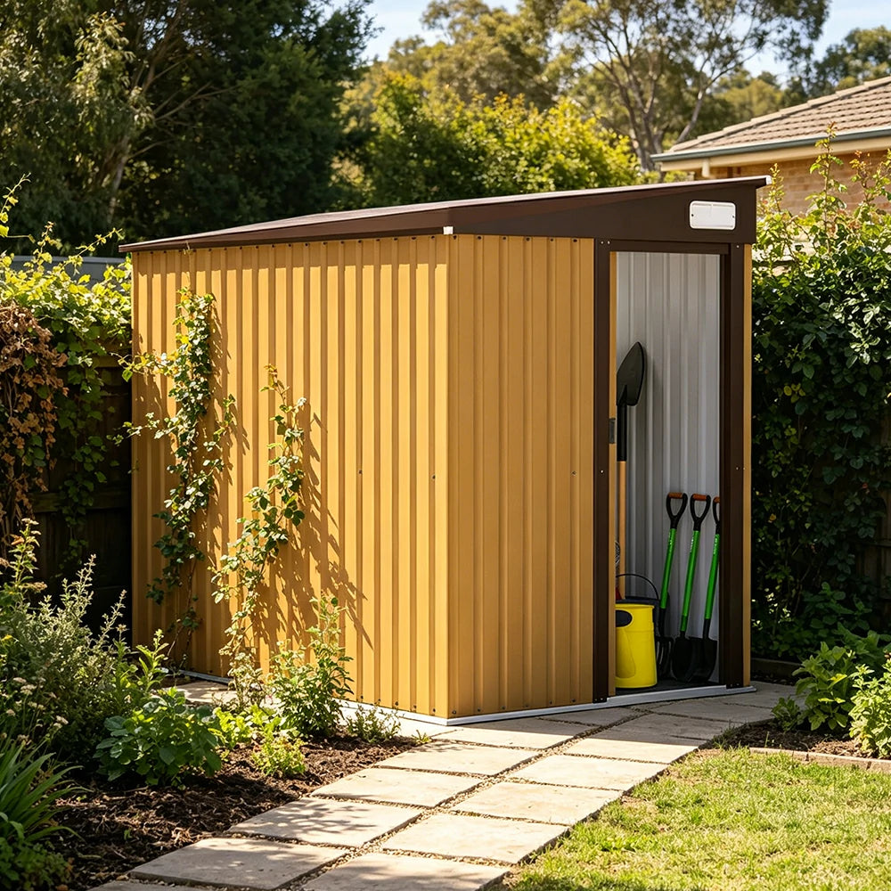 SOLARA Outdoor Storage Shed Sloped Roof Side Door Weatherproof Steel Large Capacity for Garden Patio Backyard - Yellow