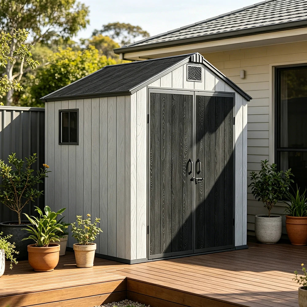 SOLARA 6x6FT Outdoor Storage Shed Reinforced Structure Double Door Weather Resistant Large Capacity for Garden Backyard Patio