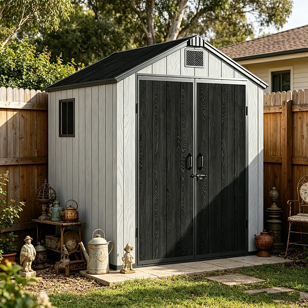 SOLARA 6x6FT Outdoor Storage Shed Reinforced Structure Double Door Weather Resistant Large Capacity for Garden Backyard Patio