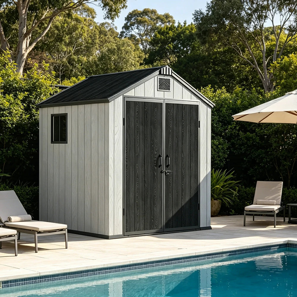 SOLARA 6x6FT Outdoor Storage Shed Reinforced Structure Double Door Weather Resistant Large Capacity for Garden Backyard Patio
