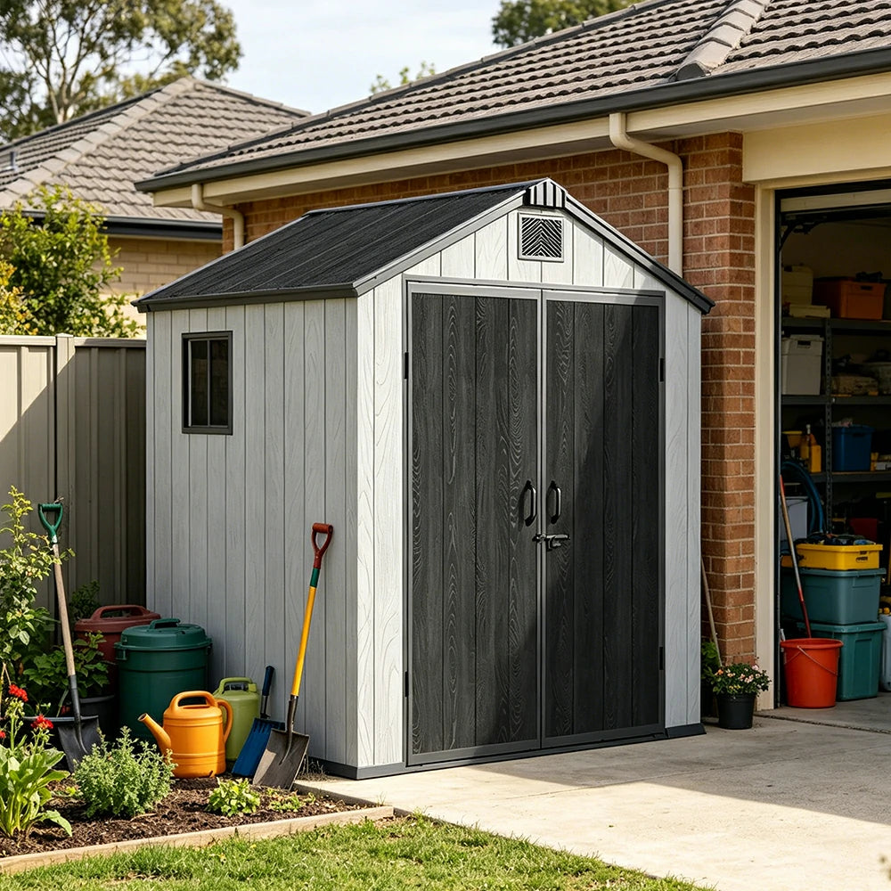 SOLARA 6x6FT Outdoor Storage Shed Reinforced Structure Double Door Weather Resistant Large Capacity for Garden Backyard Patio