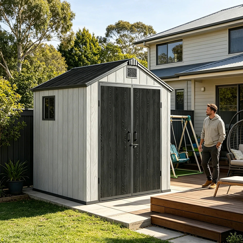 SOLARA 6x6FT Outdoor Storage Shed Reinforced Structure Double Door Weather Resistant Large Capacity for Garden Backyard Patio