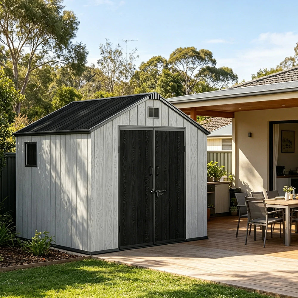 SOLARA 8x8FT Outdoor Storage Shed Reinforced Structure Double Door Weather Resistant Large Capacity for Garden Backyard Patio