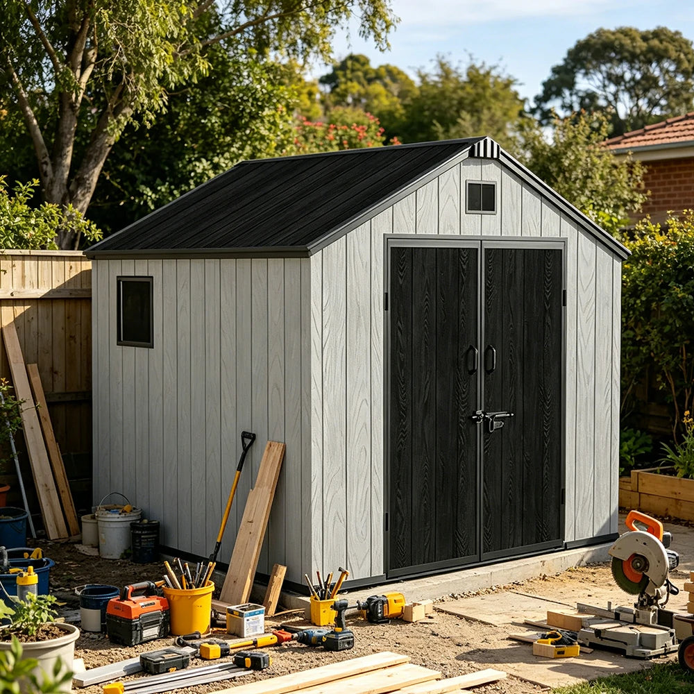 SOLARA 8x8FT Outdoor Storage Shed Reinforced Structure Double Door Weather Resistant Large Capacity for Garden Backyard Patio