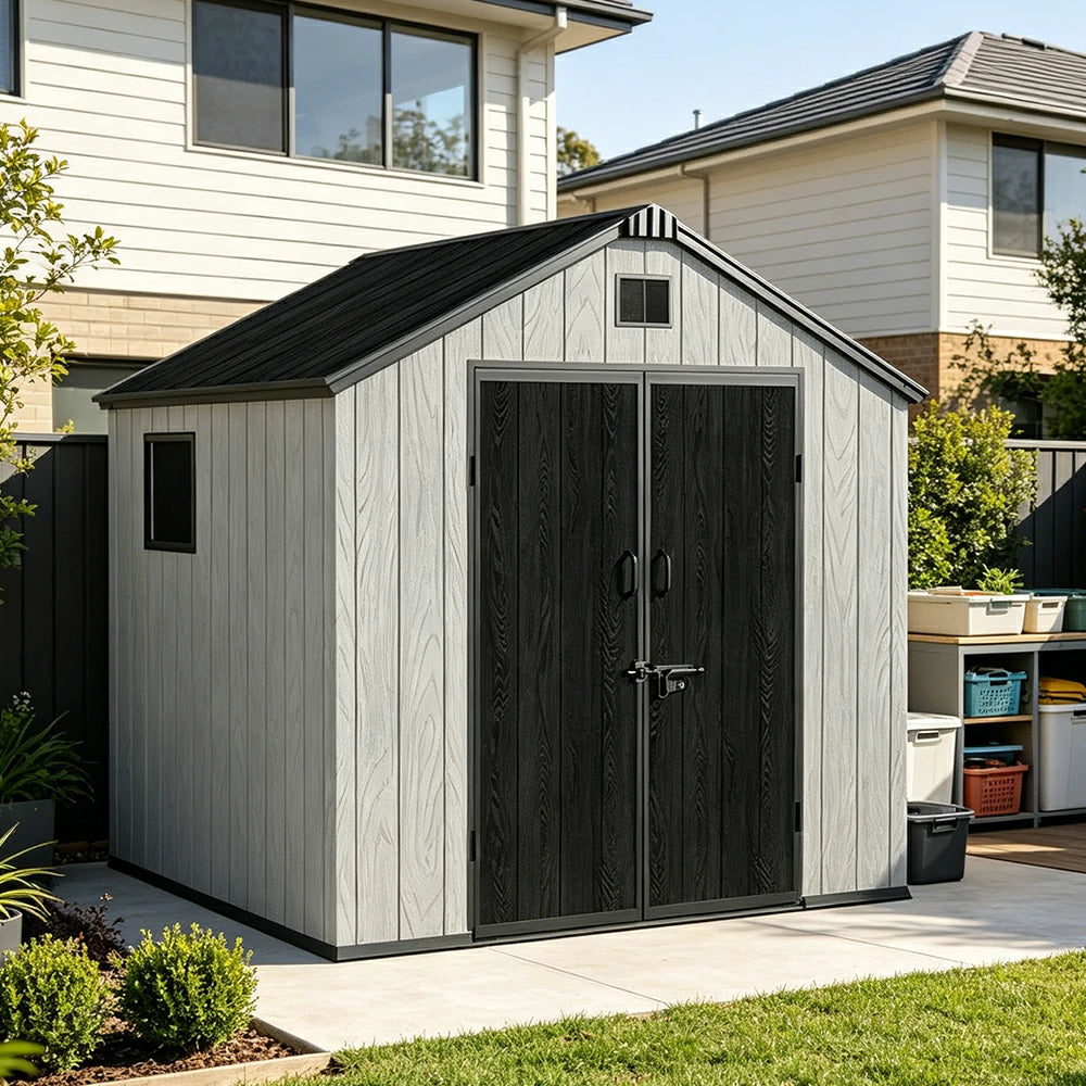 SOLARA 8x8FT Outdoor Storage Shed Reinforced Structure Double Door Weather Resistant Large Capacity for Garden Backyard Patio