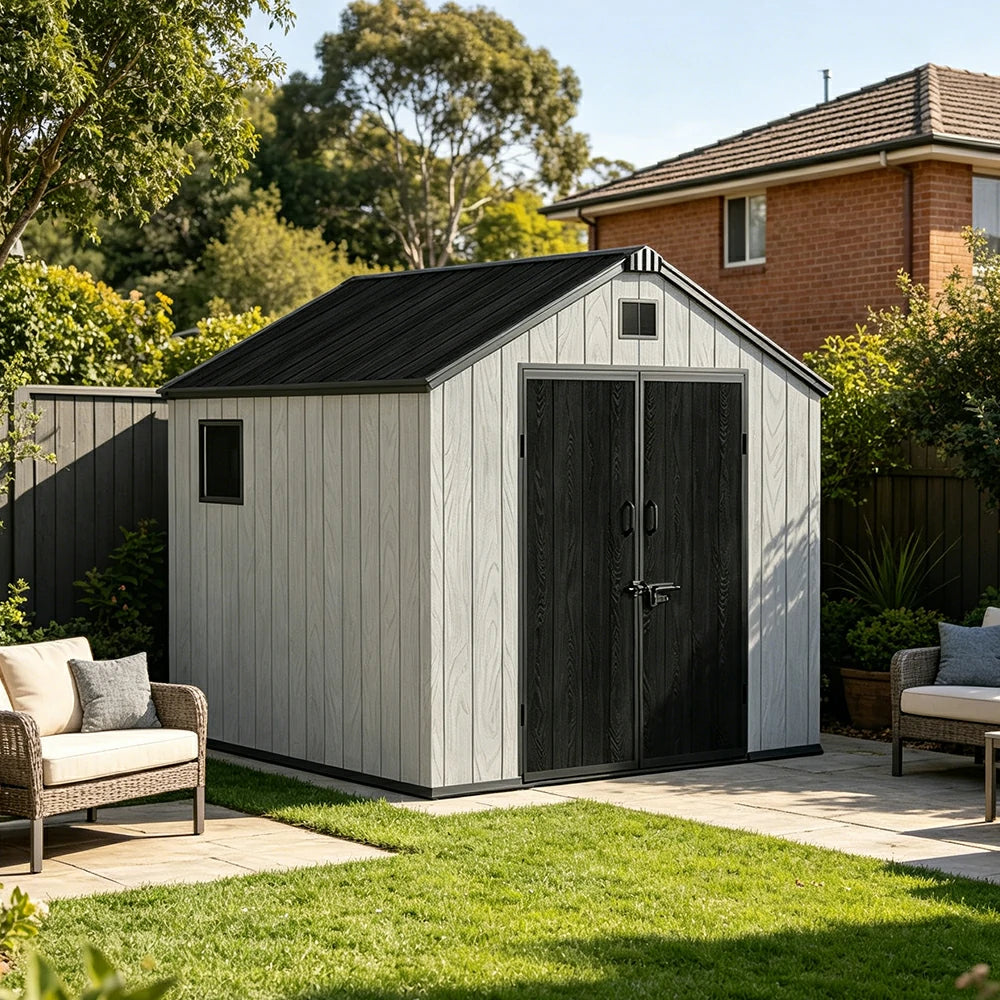 SOLARA 8x8FT Outdoor Storage Shed Reinforced Structure Double Door Weather Resistant Large Capacity for Garden Backyard Patio