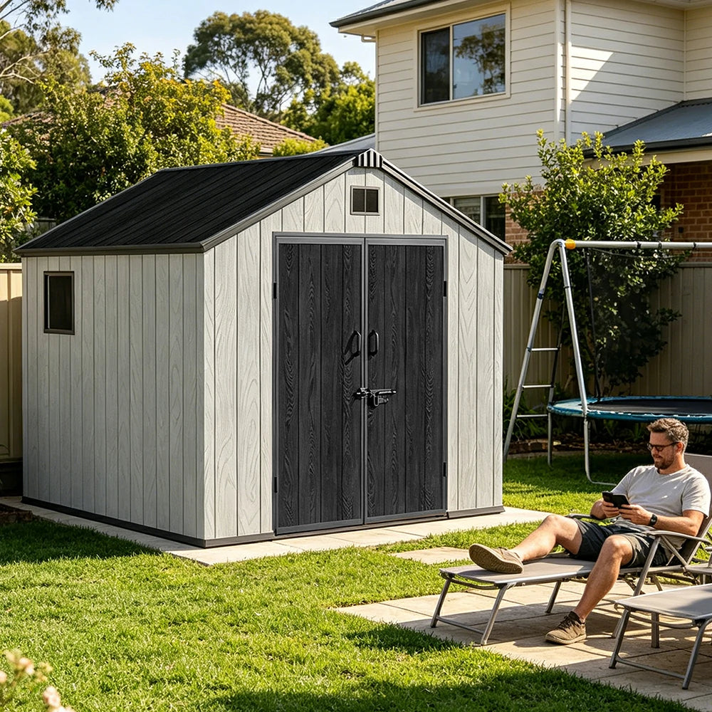 SOLARA 8x8FT Outdoor Storage Shed Reinforced Structure Double Door Weather Resistant Large Capacity for Garden Backyard Patio