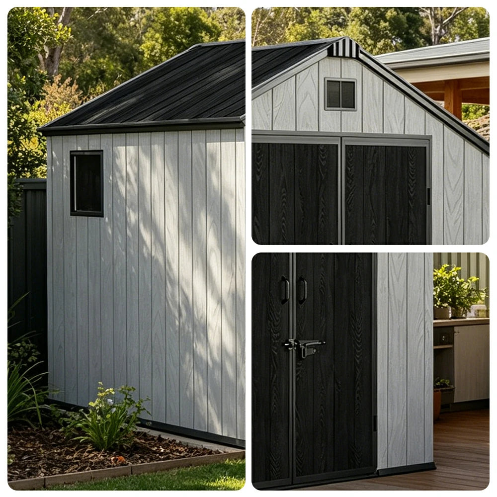 SOLARA 8x8FT Outdoor Storage Shed Reinforced Structure Double Door Weather Resistant Large Capacity for Garden Backyard Patio