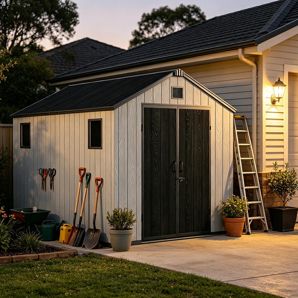 SOLARA 8x12FT Outdoor Storage Shed Reinforced Structure Double Door Weather Resistant Large Capacity for Garden Backyard Patio
