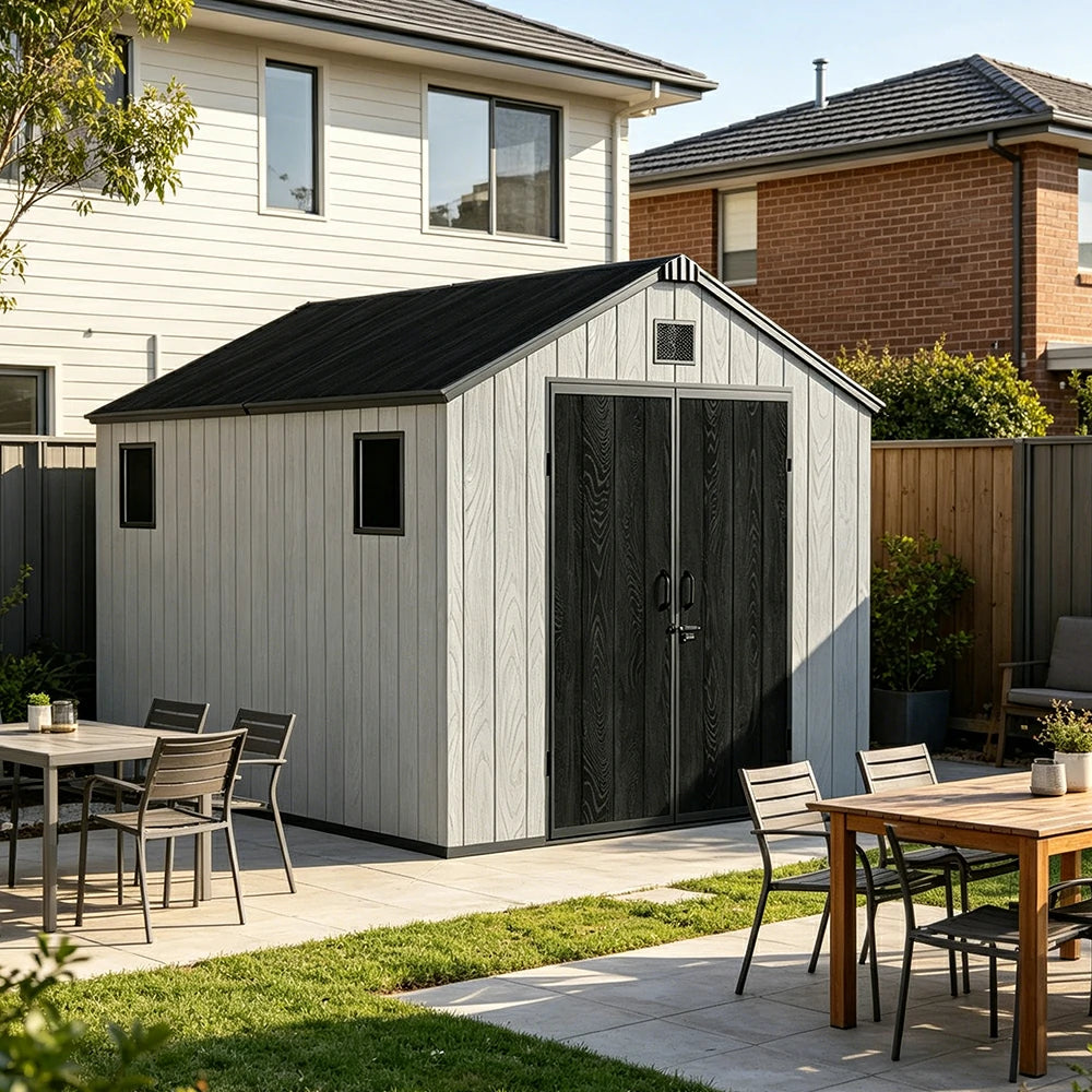 SOLARA 8x12FT Outdoor Storage Shed Reinforced Structure Double Door Weather Resistant Large Capacity for Garden Backyard Patio