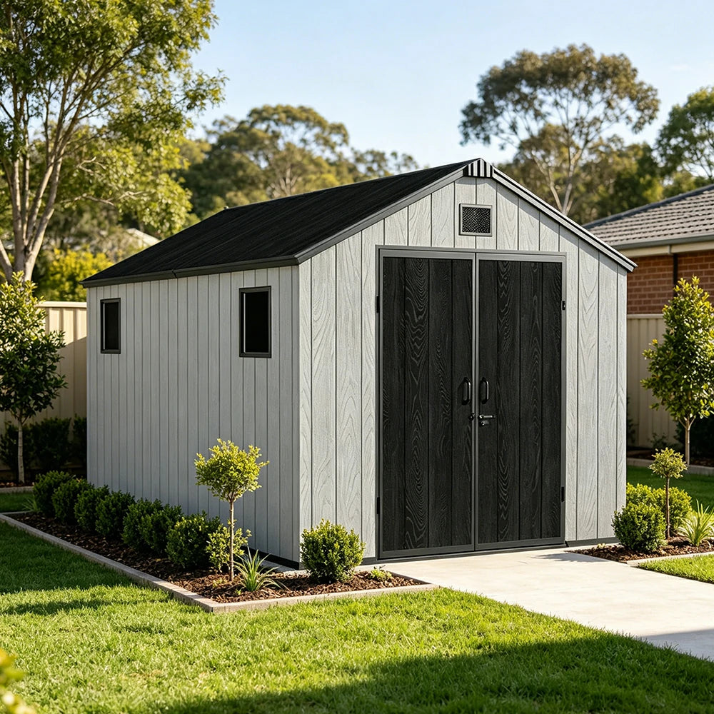 SOLARA 8x12FT Outdoor Storage Shed Reinforced Structure Double Door Weather Resistant Large Capacity for Garden Backyard Patio