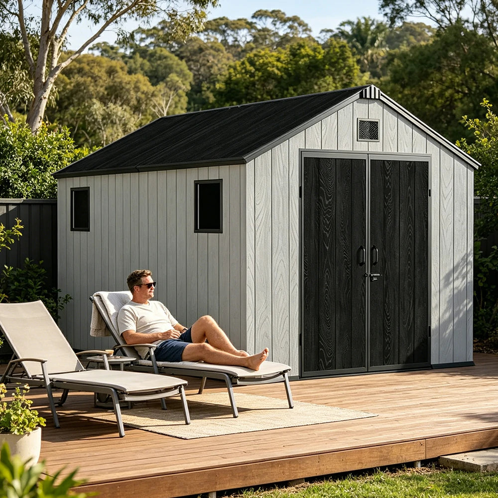 SOLARA 8x12FT Outdoor Storage Shed Reinforced Structure Double Door Weather Resistant Large Capacity for Garden Backyard Patio