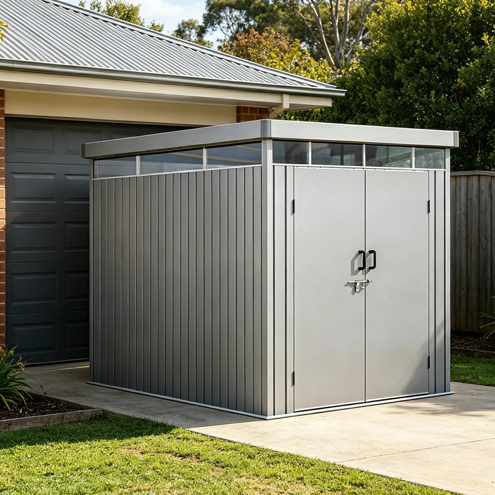 SOLARA Outdoor Storage Shed Sloped Roof Drainage Matte Steel UV Resistant Large Capacity for Garden Patio Garage - Grey