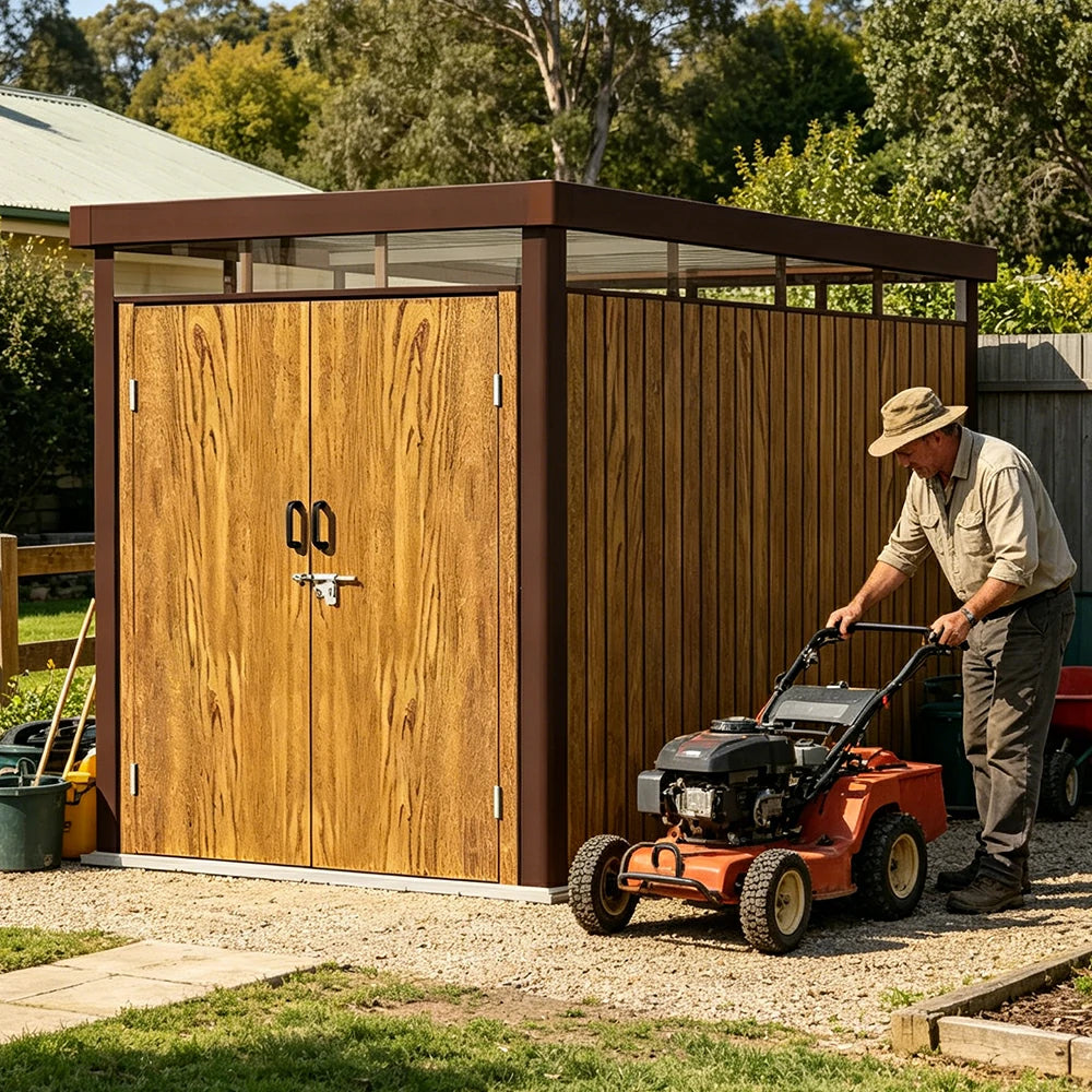 SOLARA Outdoor Storage Shed Sloped Roof Drainage Matte Steel UV Resistant Large Capacity for Garden Patio Garage - Brown