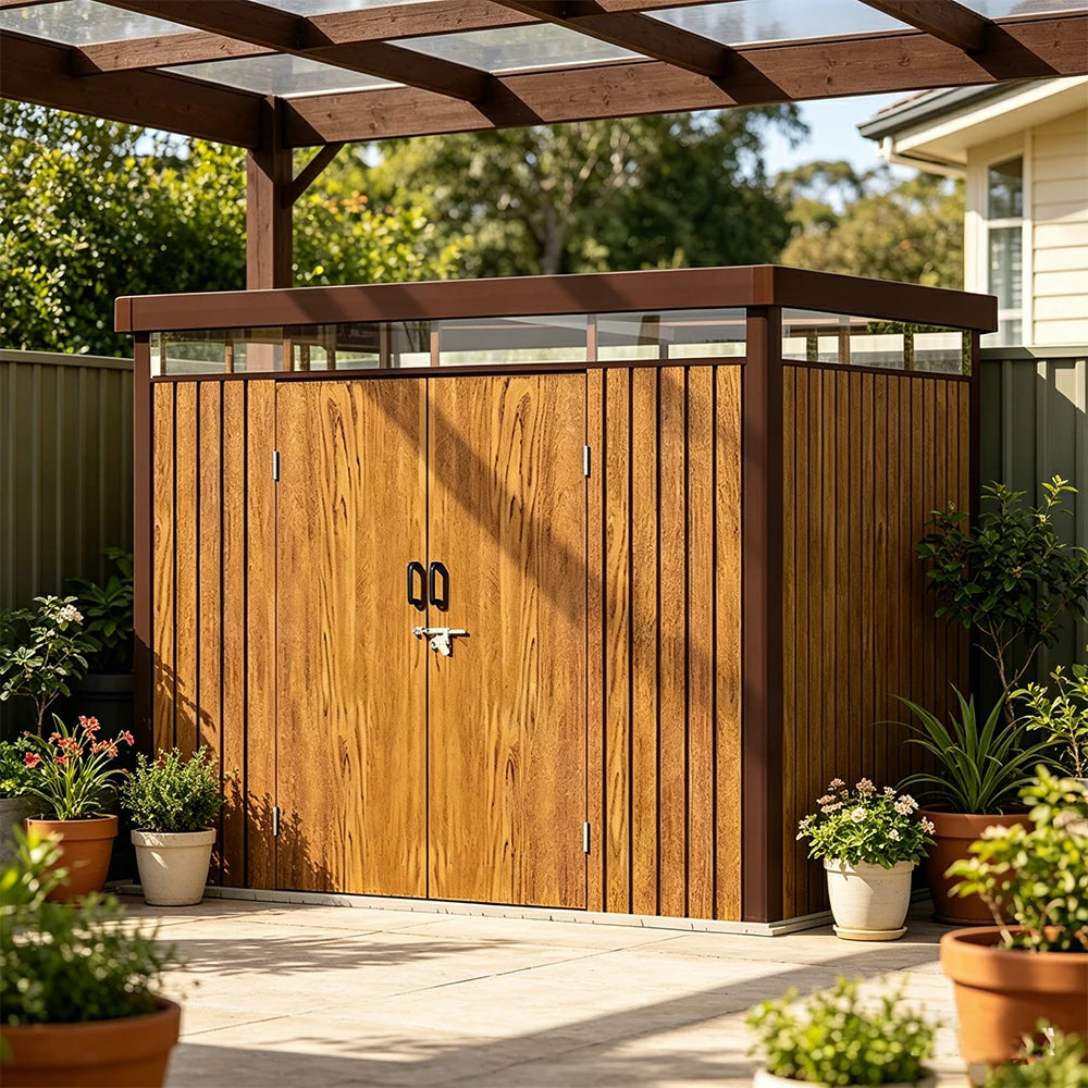 SOLARA Garden Storage Shed Matte Steel Sloped Roof Drainage Light Transmitting Weatherproof for Backyard Patio - Brown