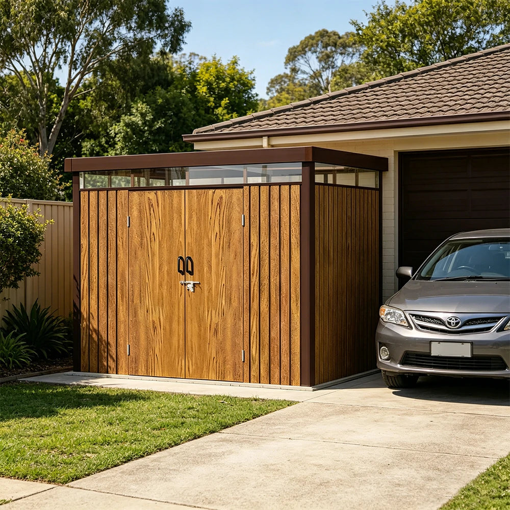 SOLARA Garden Storage Shed Matte Steel Sloped Roof Drainage Light Transmitting Weatherproof for Backyard Patio - Brown