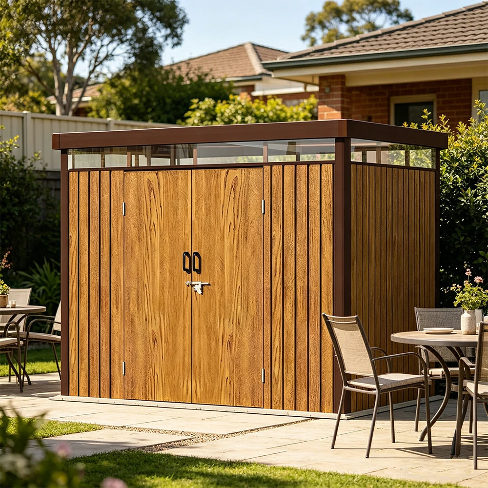 SOLARA Garden Storage Shed Matte Steel Sloped Roof Drainage Light Transmitting Weatherproof for Backyard Patio - Brown