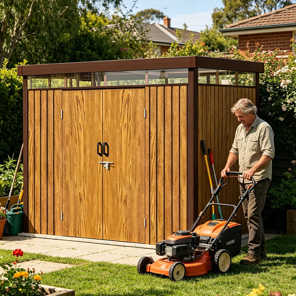 SOLARA Garden Storage Shed Matte Steel Sloped Roof Drainage Light Transmitting Weatherproof for Backyard Patio - Brown