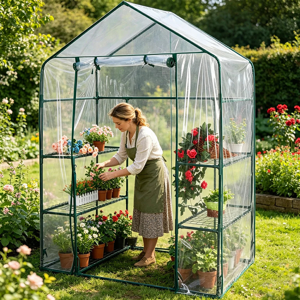 SOLARA Mini Walk-in Greenhouse Single Tier Transparent Cover Breathable Mesh Roll-Up Door Compact Design for Balcony Garden