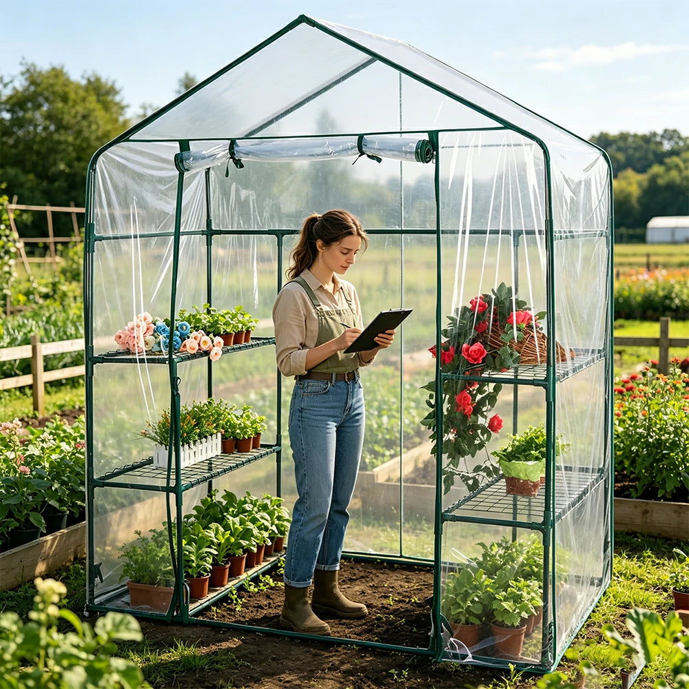 SOLARA Mini Walk-in Greenhouse Single Tier Transparent Cover Breathable Mesh Roll-Up Door Compact Design for Balcony Garden