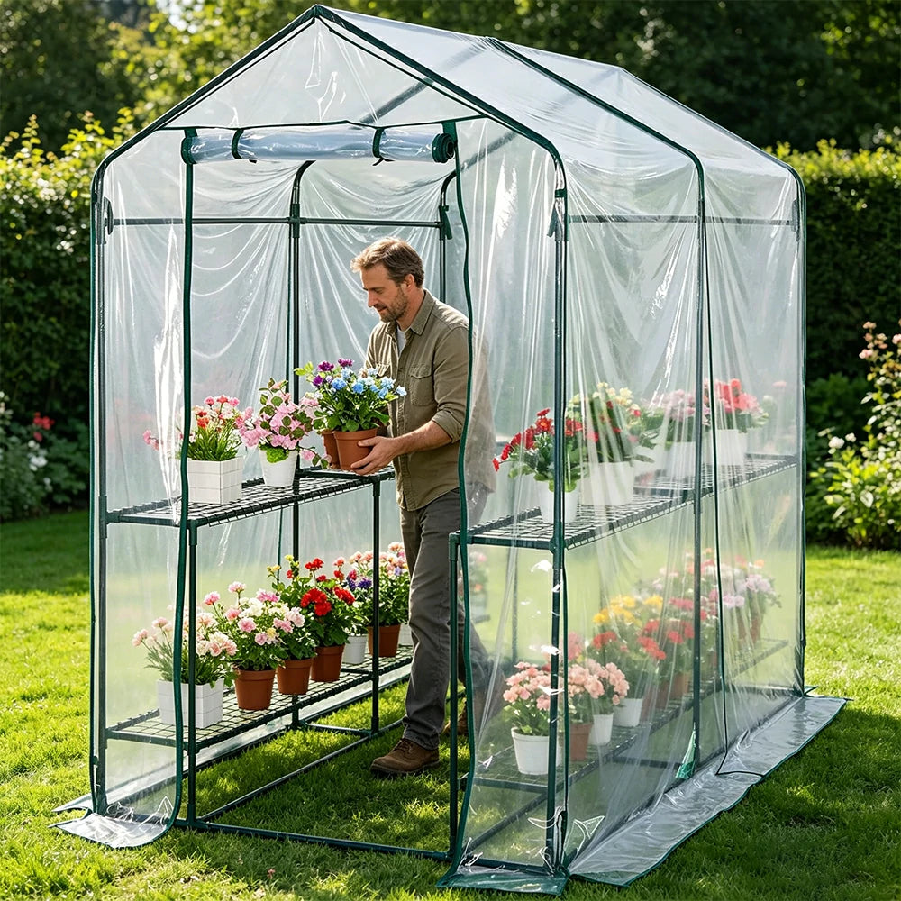 SOLARA Mini Walk-in Greenhouse 2-Tier Transparent Cover Breathable Mesh Roll-Up Door Compact Design for Balcony Garden