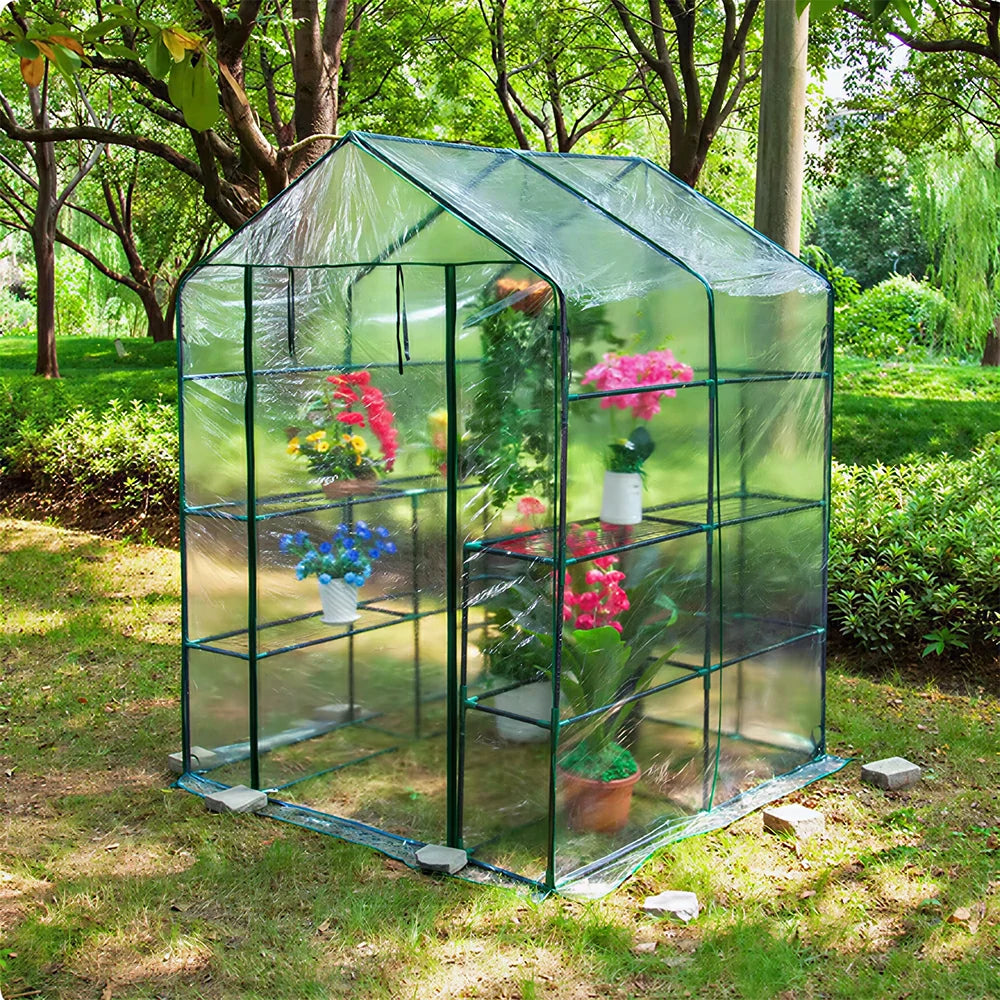 SOLARA Mini Walk-in Greenhouse 2-Tier Transparent Cover Breathable Mesh Roll-Up Door Compact Design for Balcony Garden