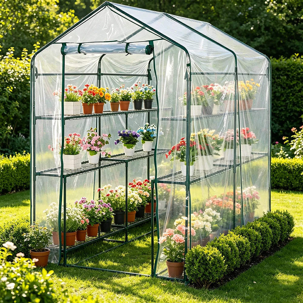 SOLARA Mini Walk-in Greenhouse 2-Tier Transparent Cover Breathable Mesh Roll-Up Door Compact Design for Balcony Garden