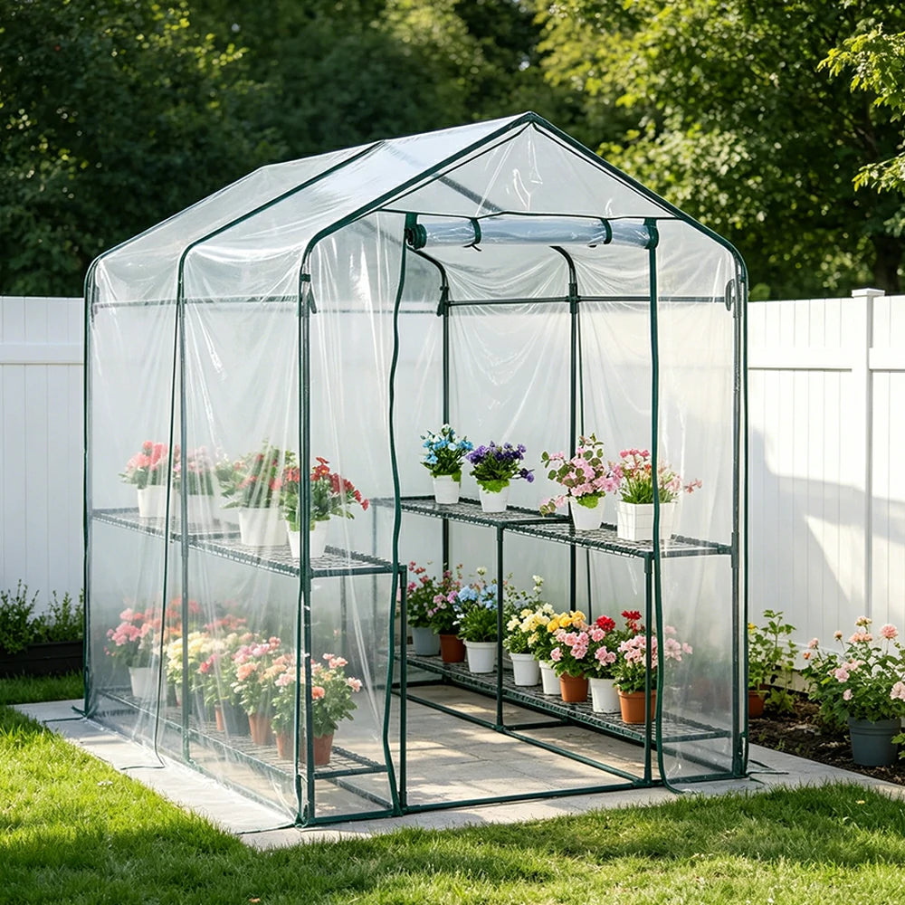 SOLARA Mini Walk-in Greenhouse 2-Tier Transparent Cover Breathable Mesh Roll-Up Door Compact Design for Balcony Garden