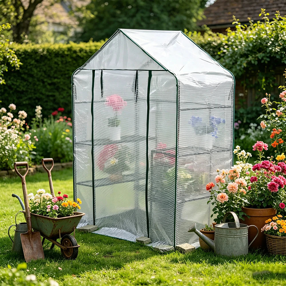 SOLARA Mini Walk-in Greenhouse Single Tier White Cover Breathable Mesh Roll-Up Door Compact Design for Balcony Garden